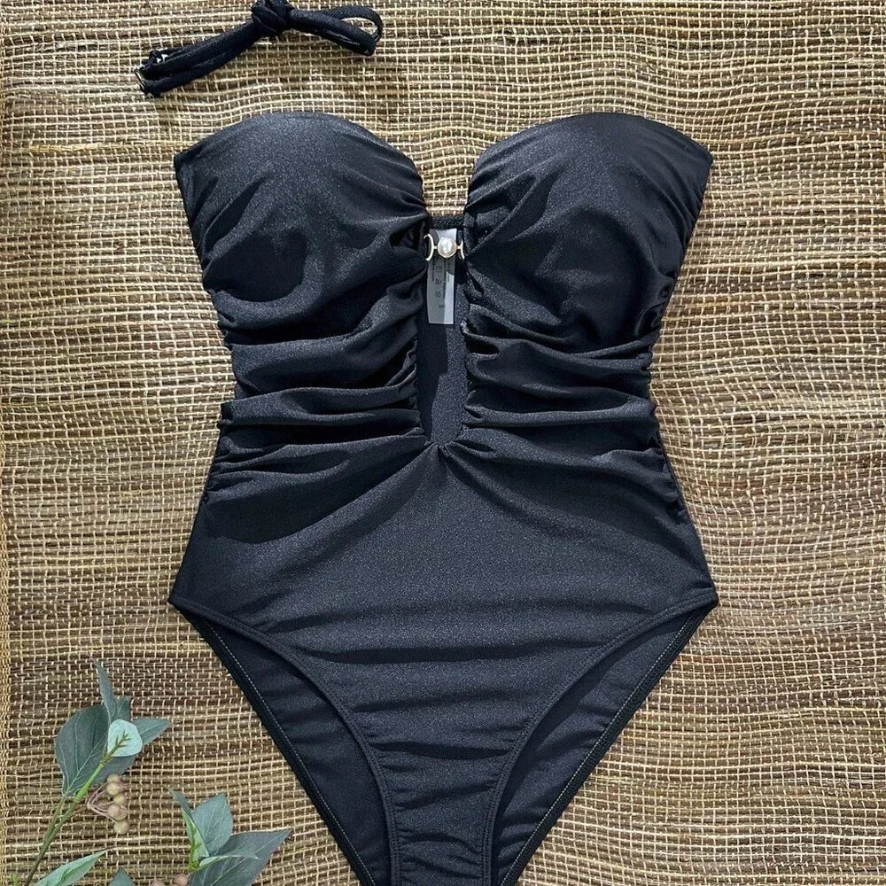 Black Elegant Women's Deep V Ruched Pearl Decor One-Piece Suit